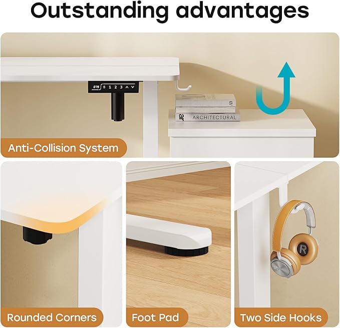 Small Electric Standing Desk, 40" ×20" White Standing Table, Height Adjustable Compact Sit Stand Desk with Splice Board, Home Office Table with 2 Hooks