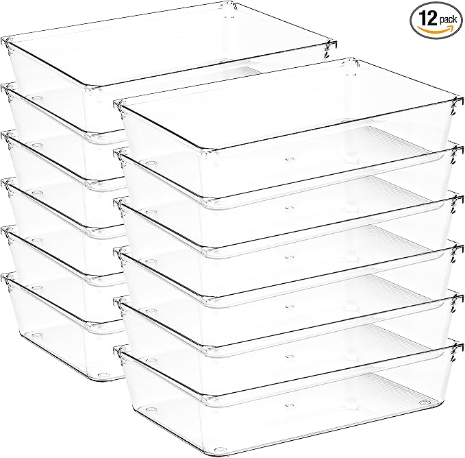 12 Pack Drawer Organizers, 6"X 9" Clear Acrylic Storage Bins | Acrylic Tray Design, Non-Slip Pads, Desk Storage Helper, For Makeup, Jewelry, Kitchen, Bathroom, Office Organization