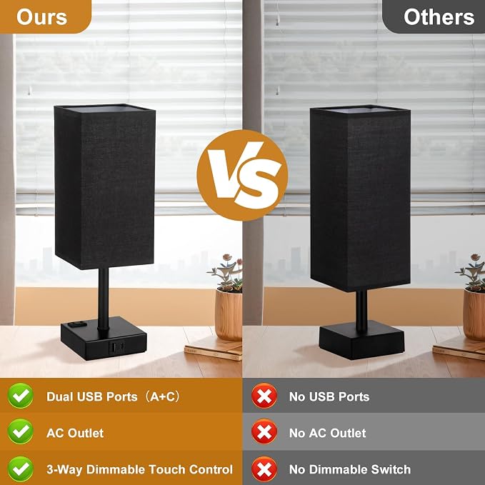 aooshine Black Bedside Lamp for Nightstand - Touch Table Lamp with Type C + A and AC Outlet, Square Charging Lamps for Bedroom Decor, Dorm Lamp for Men, E26 Bulb Included (3000K)