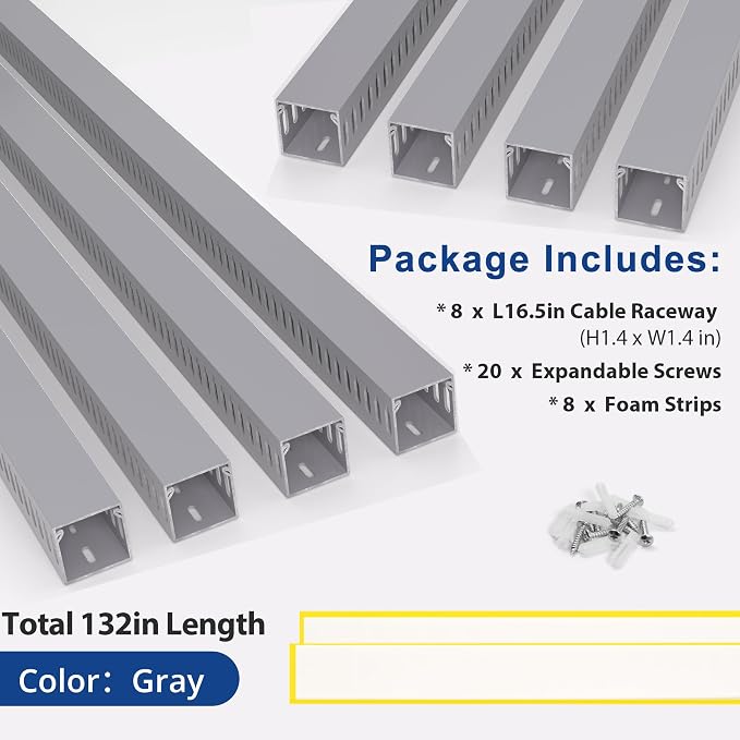 1.4"H x 1.4"W Cable Raceway, 132in Under Desk Wire Management Channel, Grey | Slotted Wire Duct, 8Pack, 16.5in Each, Heavy-Duty PVC Cable Management for Server Racks, Network Cables & Electrical Cabinets