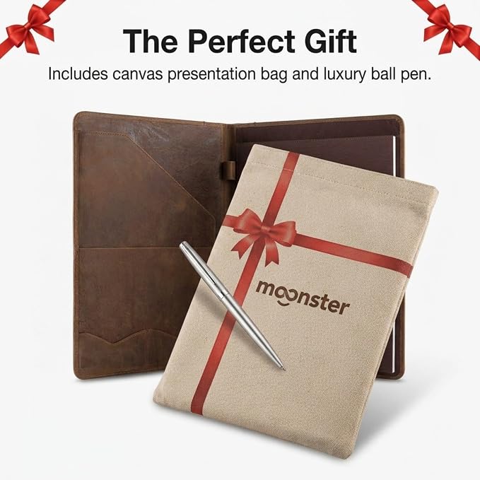 Moonster Leather Portfolio Professional Organizer Padfolio – Resume Folder with Luxury Pen - Leather Binder Portfolio Writing Pad with Business Card Holder - Portfolio Folder for Men & Women