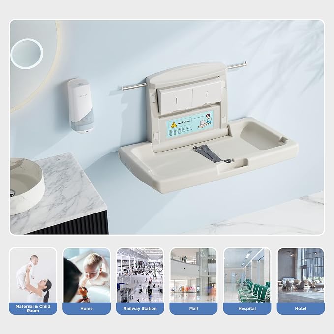 Commercial Baby Changing Station Wall Mounted, Horizontal Fold-Down Baby Changing Table, Heavy Duty 200lb Capacity, Space Saving Diaper Changing Station for Restroom & Public Facilities