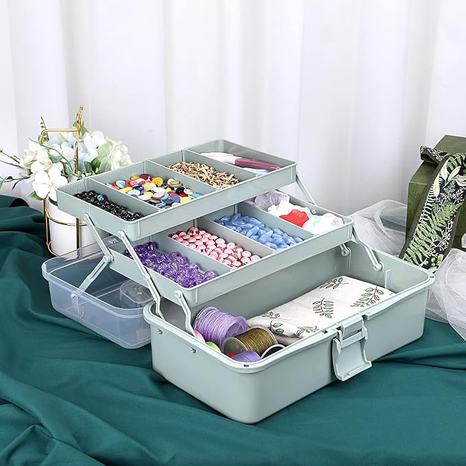 BTSKY 3-Layer Plastic Dividing Storage Box Craft Organizer and Storage | Portable Handled Art Supply Organizer with Adjustable Spacers Multipurpose Home Utility Box for Medicine Sewing(Haze Green)