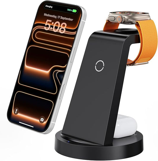 Anlmz 3 in 1 Charging Station for iPhone, Wireless Charger for iPhone 17 16e 16 15 14 13 12 11 X Pro Max & Apple Watch - Wireless Charging Station for AirPods 4 3 Pro