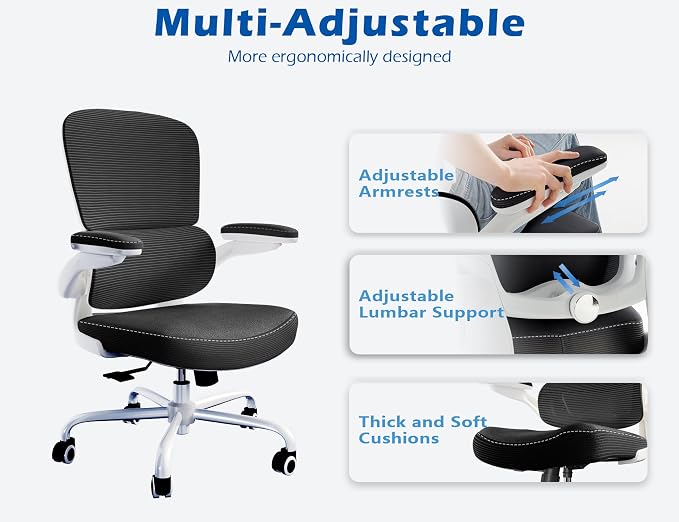 TRALT Ergonomic Office Chair - Desk Chair with Adjustable Lumbar Support Computer Chair - Mesh Comfy Chair with Flip-up Armrests - Gaming Chairs for Adults Home Office (PU Leather, Black White)