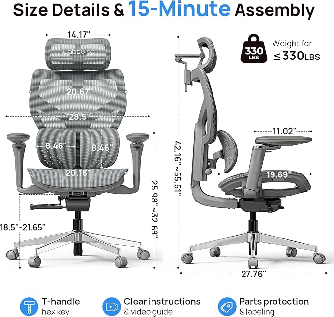 Ergonomic Office Chair with Adaptive Dual-Wing Lumbar Support - Over 10 Hours Sitting Comfortable Mesh Big and Tall Home Desk Chair, 4D Headrest, 630° Armrst, Seat Depth Adjustable