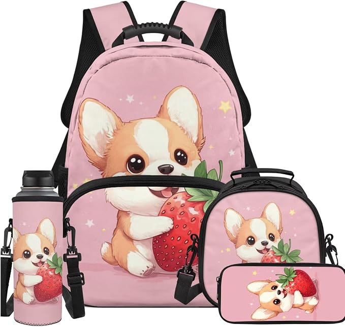 Ystardream Cartoon Corgi School Bag for Girls Backpack with Lunch Box Pencil Case Water Bottle Sleeve 4 Pcs Bookbag with Adjustable Straps Backpack for Little Big Kids Daily Use Comfortable