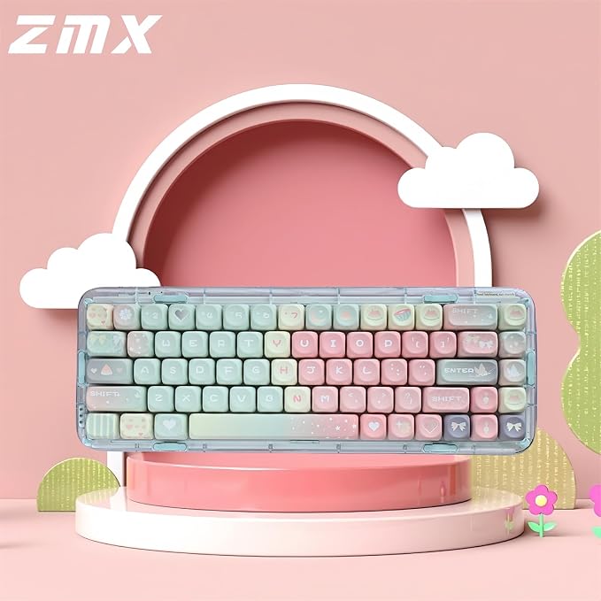 Cute MOA Keycaps,Gradient Pink Kawaii Round Keycaps Custom 133 Keys Keycap Set Thick PBT Keycap for Cherry MX Switch 75% 60% Mechanical Gaming Keyboard Creamy Watermelon Key Cap