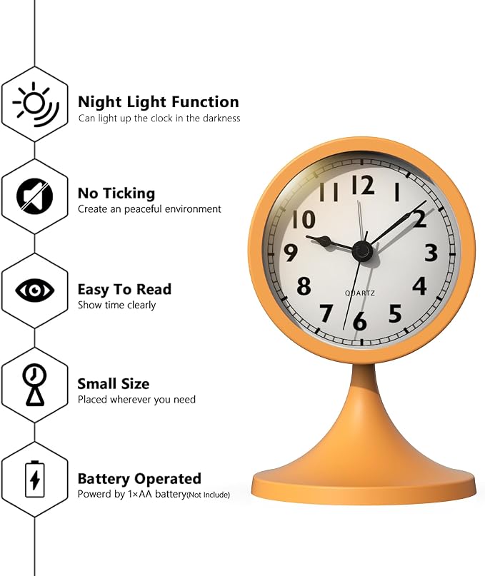 AYRELY® 3" Analog Alarm Clock, Retro Small Clock, Desk Clock for Bathroom | Cute Battery Operated Table Clock with Silent Movement and Light for Bedroom, Bedside, Living Room Decor and Shelf (Orange)
