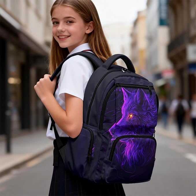 Cool Wolf Kids Backpack and Lunch Box Graphic School Bookbag for Boys Back to School Supplies Personalized Backpacks 4 in 1 Set Water Bottle Holder Pencil Case Included