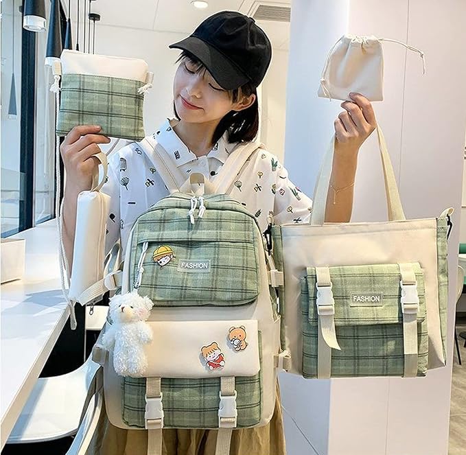 Aobiono 5Pcs Kawaii Plaid Backpack Set Aesthetic Preppy Cute Check with Pins Bear Pendant Light Academia School Supplies Kit