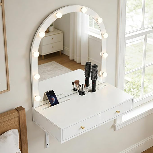 Merax White Floating Vanity Desk Vanity Mirror with Lights, 3 Color Adjustable, 2 Storage Drawers & Charging Station, Wall-Mounted Makeup Vanity Shelf for Bedroom Hairdressers, 31" D x 54" H