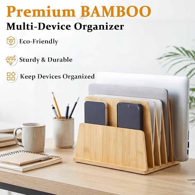 Unittype Bamboo Multi Device Organizer, 5 Slots Vertical Laptop Storage Rack, Computer Charging Station for Smartphones, Tablets and Laptops, Space Saving Organizer for Home Office