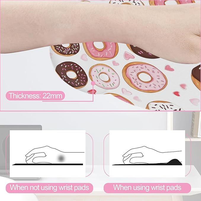 Cute Pink Donut Ergonomic Wrist Support Keyboard Mouse Wrist Rest Set, Computer Office Comfortable Wrist Rest for Mouse Easy Typing