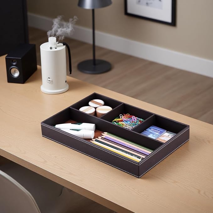 Pu Leather Desk Organizer Tray, 4 Compartment Office Storage Supplies Stationery Drawer Tray, Nightstand Bedside Tray for Key, Wallet, Watch, Coin, Phone Valet Tray Stackable