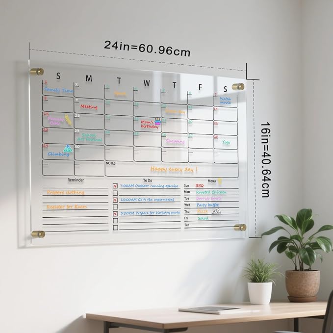 IJIJIJ- 24×16” Clear Acrylic Calendar for Wall, Acrylic Wall Calendar Dry Erase Board, Reusable Monthly Whiteboard, Family Planner for Wall with 8-Color Markers, Perfect for Home, Office & Classroom