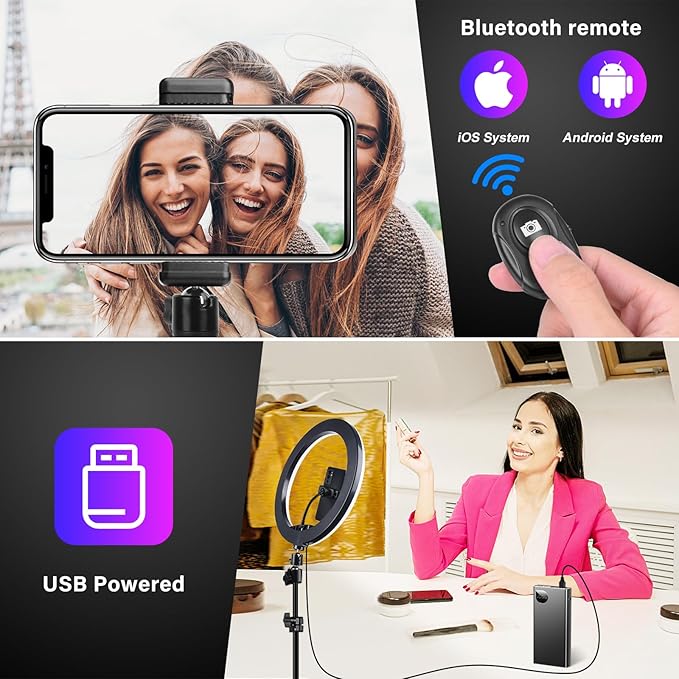 10.3" Ring Light with Tripod and Phone Holder, Selfie Ring Light with 51 Color Modes, Circle Lighting for iPhone, Dimmable LED Phone Ringlight with Stand for Makeup/Video Recording/Photography/TikTok