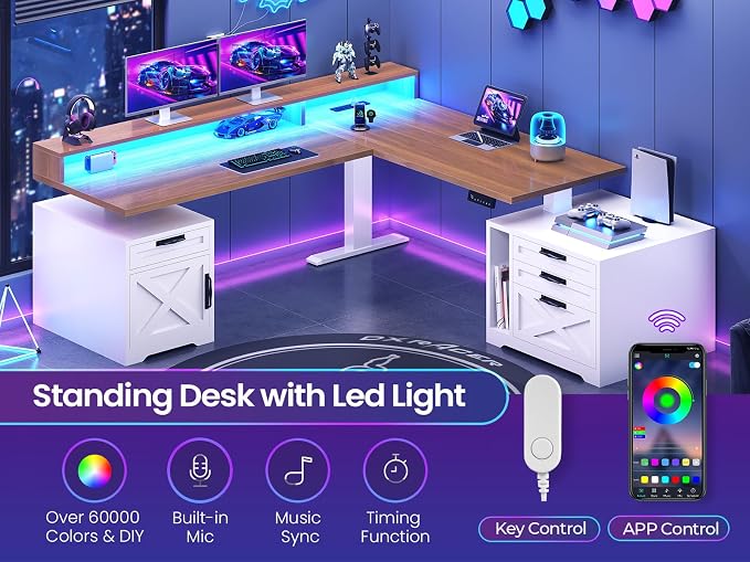 SEDETA Farmhouse L Shaped Standing Desk, 70.1" x 73.2" Height Adjustable Home Office Executive Desk with Drawers, Power Outlet, Monitor Stand, Sit Stand Table with Led Lights for Home Office, White