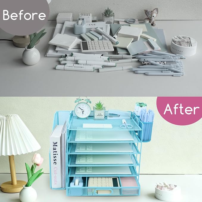 Desk Organizers and Accessories with File Holder, 6-Tier Paper Letter Tray Organiser with Drawer and 2 Pen Holder, Mesh Desktop Document Organizer for Office Supplies, Workspace - Blue