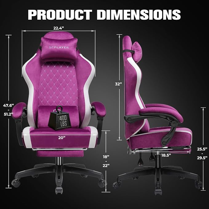 GTPLAYER Big and Tall Gaming Chair 350lbs Heavy Duty Office Chair with Foot Rest, High Back Pocket Spring Ergonomic Computer Chair for Adults, Wide Comfy Seated Cushion with Linkage Armrests, Purple
