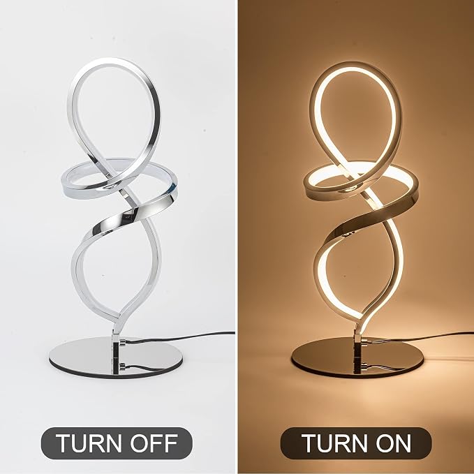 Mayful Modern Table Lamp with LED Unique Spiral Design, Small Nightstand Lamp with Stepless Dimming Switch, Chrome Bedside Lamps for Bedroom, Nightstand, Living Room, Office, 12W 3200K Warm White