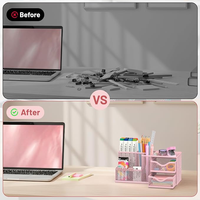 Mesh Desk Organizer, Pen Organizer with 2 Drawers and 5 Compartments, Versatile Pen Holder for Small Space, Desk Organizers and Accessories for School Office Supplies, Pink