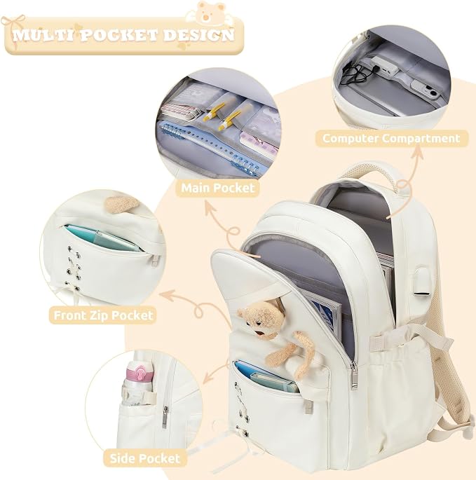 ACESAK School Backpack for Girls - 3 PCS Cute Girls Backpack with Lunch Box & Pencil Case - Kawaii Casual Kids Bookbag School Bag Daypacks Set for Elementary Middle High School Student Teens (Beige)
