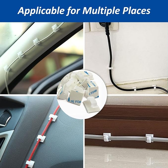 150 PCS Adhesive Cable Wire Clips Black, Outdoor Cable Management Wire Organizer Cord Holder for Under Desk, Car, Wall, TV PC Ethernet Cable (White)