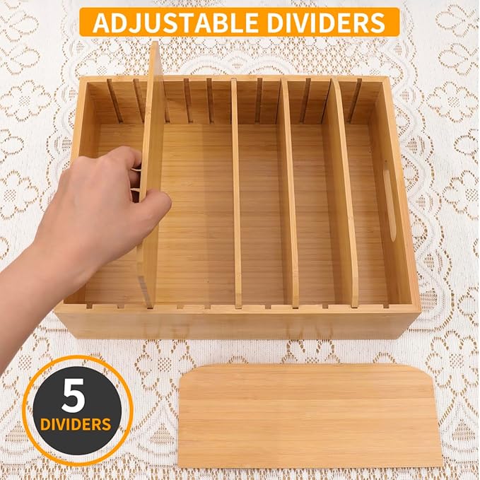 Bamboo Lid Holder Food Container, Kitchen Organizer with 5 Adjustable Dividers, Cabinet Organizer for Food, Kitchen Gadget, Container Lids (2pcs)