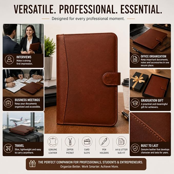 Leather Portfolio Padfolio Organizer – Professional Resume & Interview Portfolio Folder with Zipper Pocket, Card Slots & Pen Holders – Genuine Leather Business Portfolio Binder for Documents