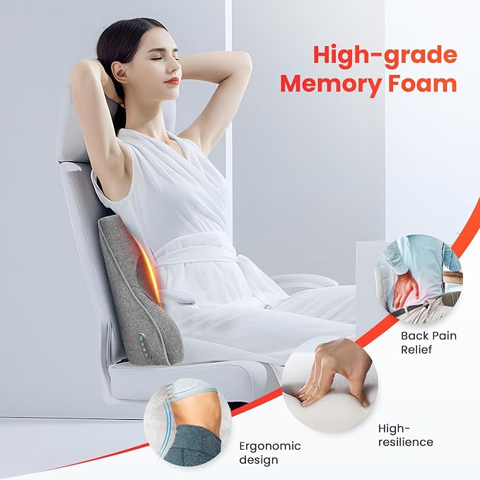 COMFIER Back Lumbar Support Pillow for Office, Heated Back Support with 4 Shiatsu Massage Heads & Heating Function, Memory Foam Lumbar Pillow for Computer Gaming Chair-Gray