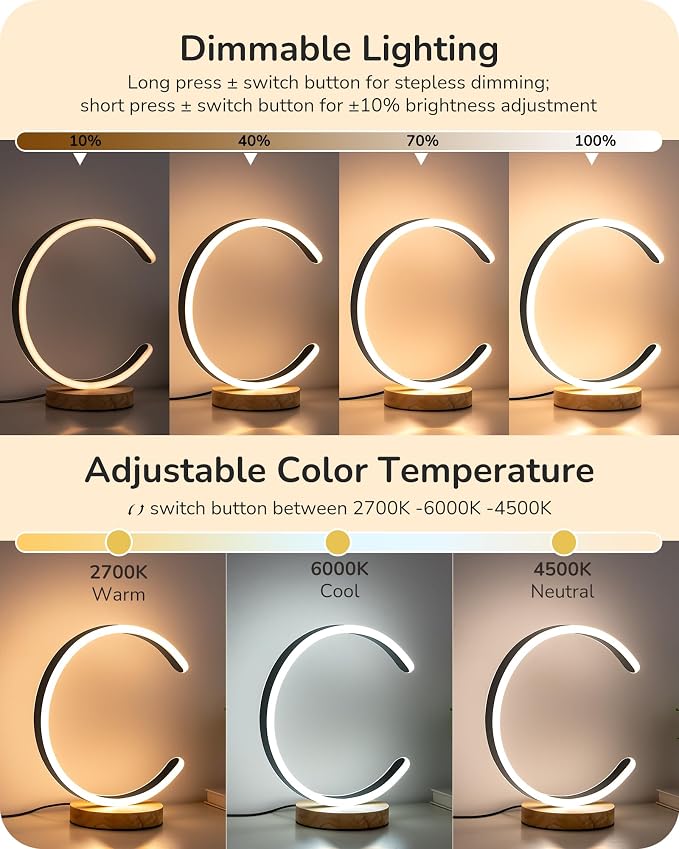 EDISHINE LED Table Lamp, C-Shaped Modern Lamps for Nightstand with 3 Color Temperature & Dimming, Upgraded Switch, Silicone Lampshade & Solid Wood Base, Bedside Lamp for Living Room, Bedroom, Black