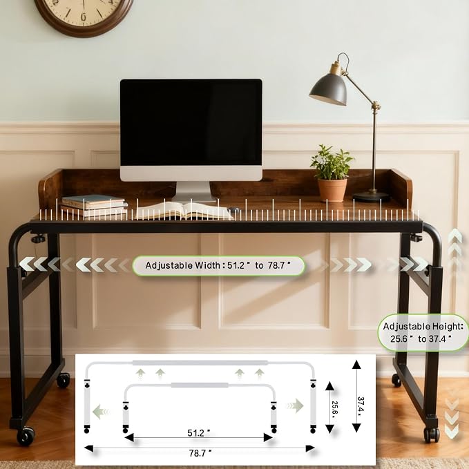 Overbed Table with Wheels and Desktop Enclosure, Height and Length Adjustable Over Bed Desk King Queen Bed Table Overbed Laptop Table (Rustic Brown)