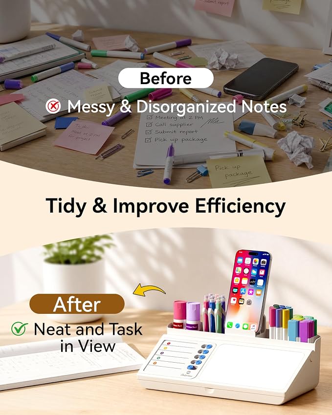 Desktop Whiteboard with Storage, White Dry Erase Board with Drawer & Phone Tray, Desk Board with Marker Holder, Memo Notepad to Do List for Home Office School Supplies - Pink