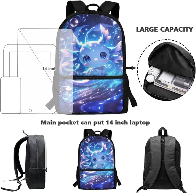 WELLFLYHOM Cute 17 Inch Axolotl Elementary School Backpack for Girls 6-11, Blue 4 PCS Backpack with Lunch Box, Kids Back to School Supplies, Mochilas Para Niñas
