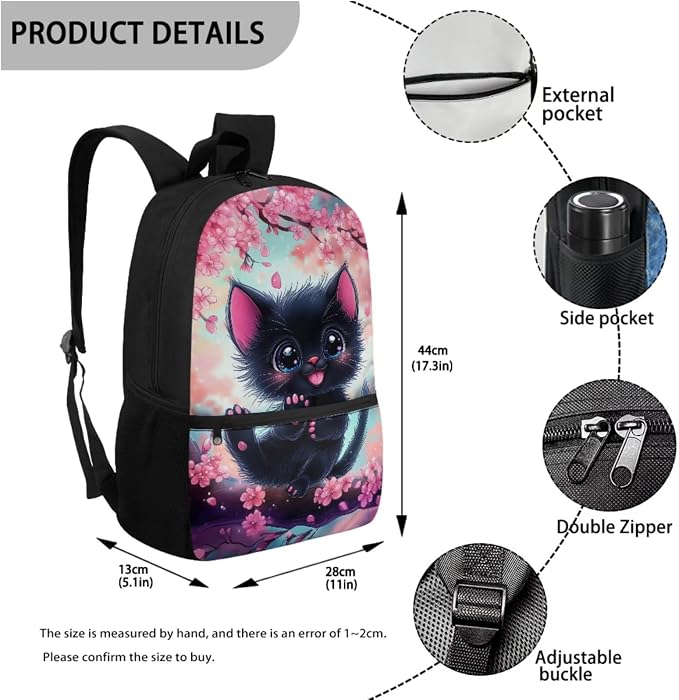 WELLFLYHOM 6-11 Kid 4 In 1 Cute Cat Bookbag Set, 17 Inch Cherry Blossom Backpack with Lunch Box for Girls, Back to School Supplies for Elementary Students, Mochila Para Niñas
