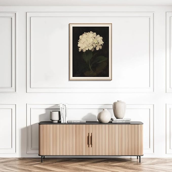 Framed Flower Wall Art, Vintage White Hydrangea Still Life Floral Art Prints, Moody Vintage Canvas Oil Painting, Antique Botanical Floral Wall Decor Pictures for Bedroom, Kitchen, Shelf, Bathroom Wall Decor - 16x24Inch