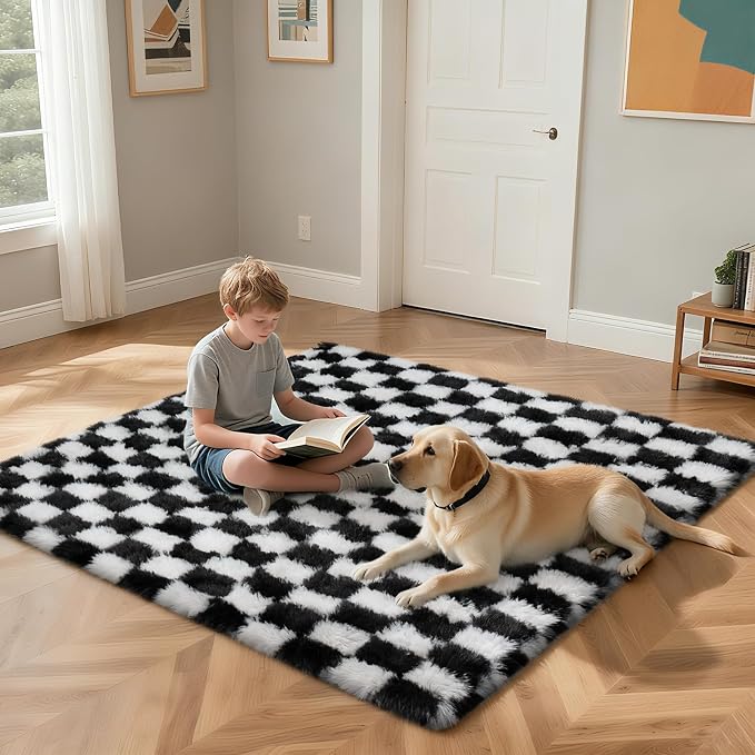 Checkered Rug for Bedroom, 4x6 Black and White Area Rugs, Classic Checkered Carpets Shag Area Rug, Bedside Rugs for Living Room Bedroom Room Home Decor