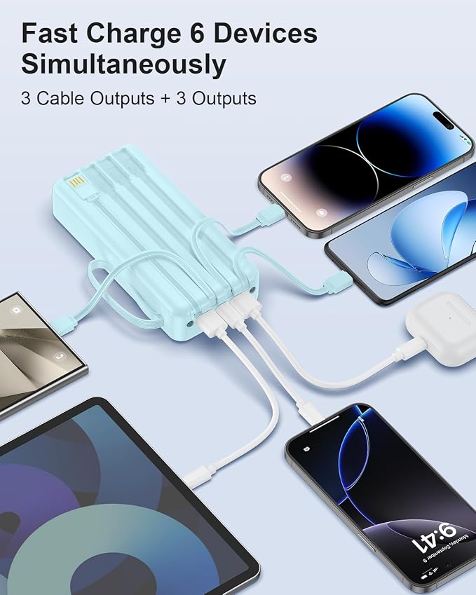 Portable Charger with Built-in Cables, 27000mAh Slim 22.5W Fast Charging Power Bank with LED Display, USB C Battery Pack 6 Outputs & 2 Inputs, Travel Essential Charger for iPhone, Samsung, Google etc