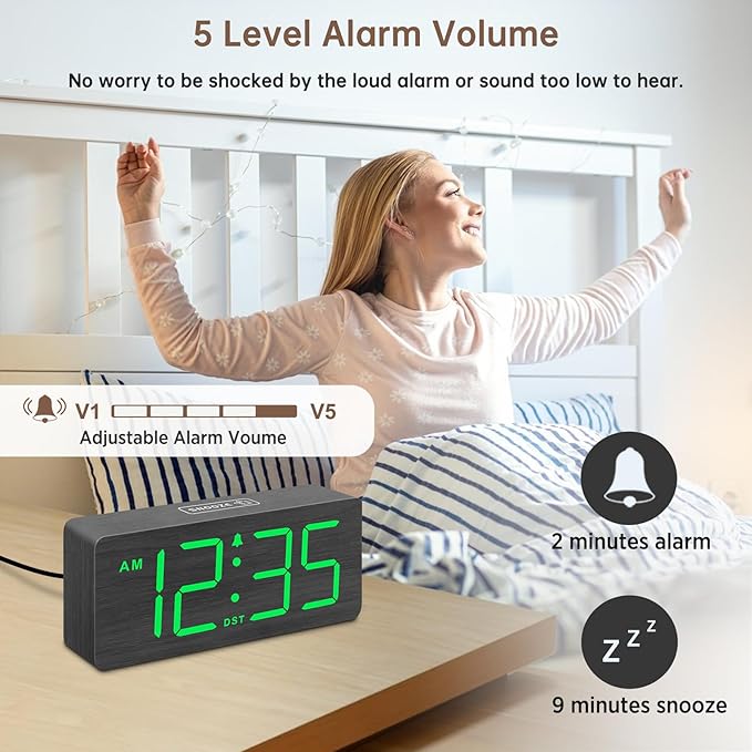 DreamSky Wooden Digital Alarm Clock for Bedroom with Large Numbers | Desk Clocks for Living Room Office, Loud Alarm for Heavy Sleepers Adults, Volume Control, Dimmer, DST, Wood Decor (Plug-in)