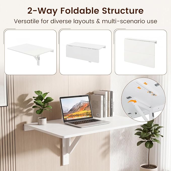 Tangkula 31.5" Wall Mounted Folding Desk, Drop-Leaf Floating Desk with Spacious Surface, Space-Saving Foldable Wall Table for Study, Bedroom, Laundry, Balcony & Small Spaces