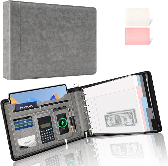 Ospelelf Grey Zippered 7 Ring Check Binder for Business Checks (9" x 13"), 1 Inch Faux Leather Checkbook Portfolio with Zipper Pouch, Professional Binder Organizer for Accountants, Home Use