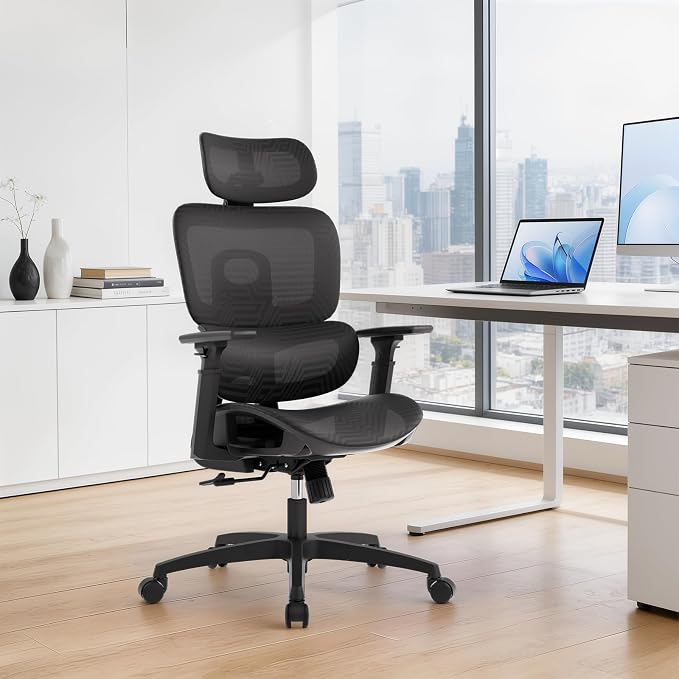 MoNiBloom Ergonomic Office Chair, High Back Mesh Desk Chair for Home, Black | with 3d armrest, high back desk chair, adjustable headrest, lumbar support, recline range from 90 to 145 degrees, L-Shape