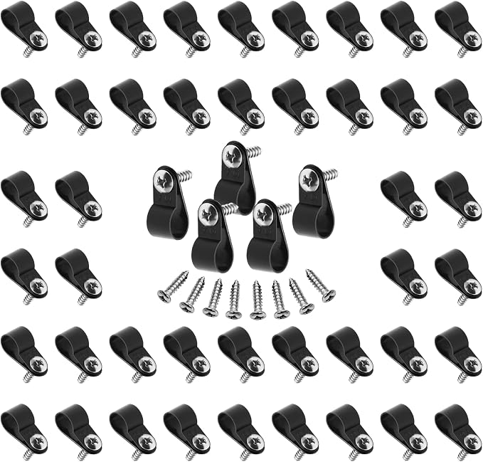 60pcs 3/8 Inch Nylon Cable Clamps, Black R-Type Wire Cable Clips | with M4 Screws, Screw Mounting Cord Fastener, Wire Conduit Clamp, for Wire Management