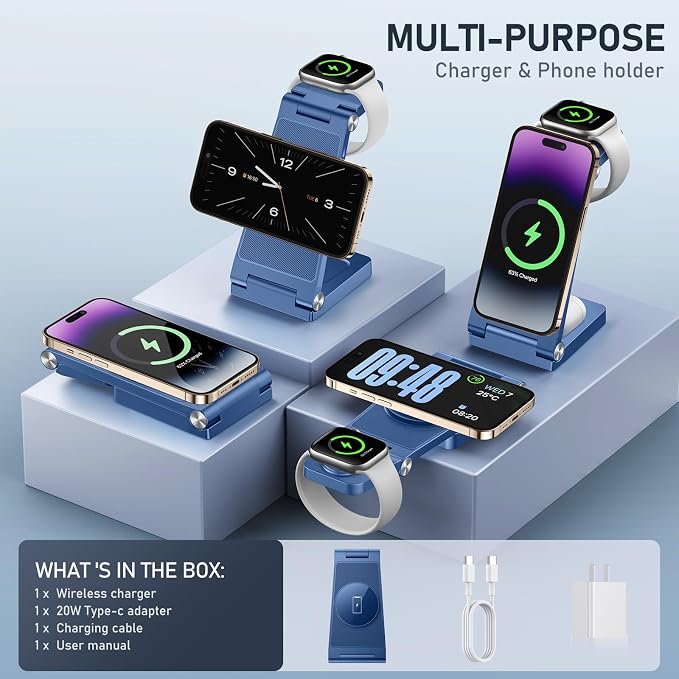 Magnetic Wireless Charger Stand, 3 in 1 Foldable Wireless Charging Station with 20W Adapter, Travel Charger for Multiple Devices for iPhone 17 16 15 14 13 12 Pro/Max/Plus/Mini, iWatch, AirPods
