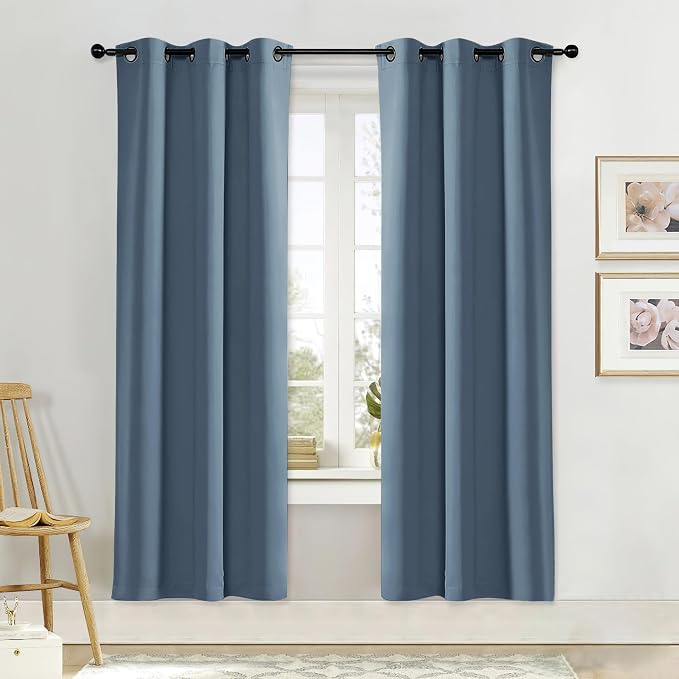 NICETOWN Curtain Blind for Bedroom, Single Panel, Smoky Blue, W42 x L72 inches, Thermal Insulated Grommet Blackout Room Darkening Drape/Drapery