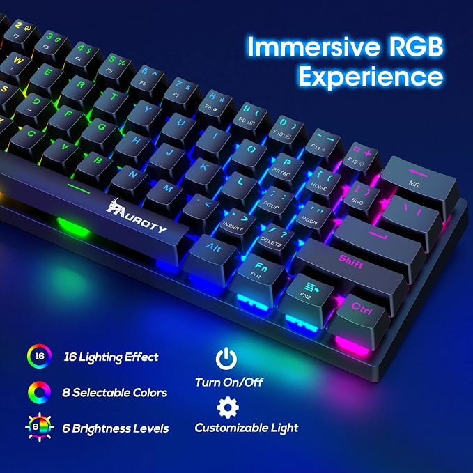 Pauroty 60% Wireless Mechanical Keyboard, Triple Mode 2.4G/USB-C/Bluetooth Gaming Keyboard, RGB Backlit, Clicky Blue Switch, 61 Keys Rechargeable Mini Wireless Keyboard for iPad Mac PC Xbox
