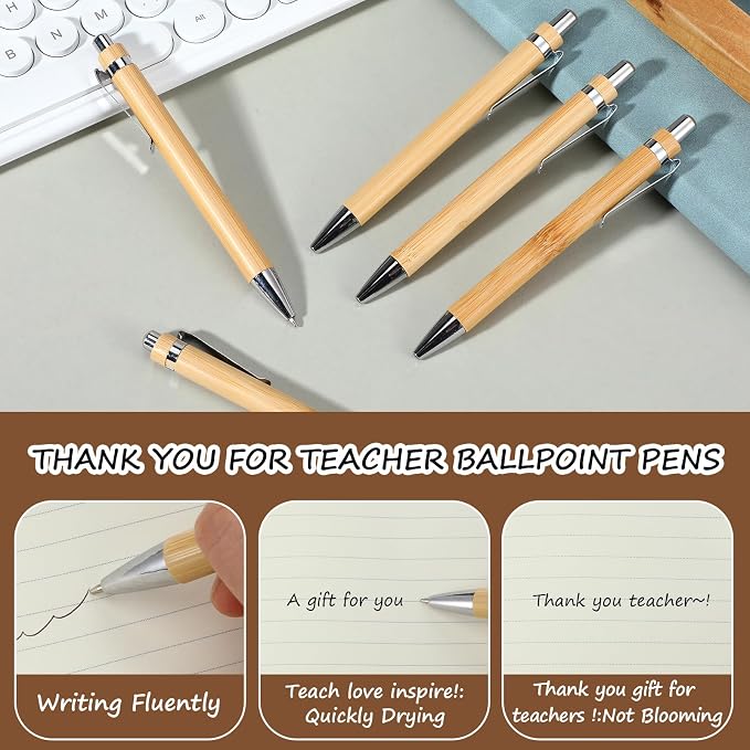 100pcs Wooden Bamboo Pens Bulk Wood Retractable Ballpoint Pen Black Ink 1mm Thank You Wooden Pens Engraving Wood Ballpoint Pen for Office School Teacher Coworker Student Journal Graduation Gifts