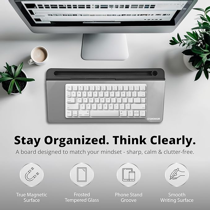 Magnetic Desktop Whiteboard with Storage, Desk Organizer Dry Erase Frosted Glass White Board with Strong Magnets and Phone Stand, Premium Desk Organizer for Home Office and School Supplies