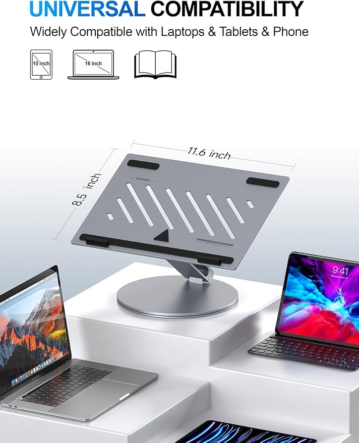 YICOSUN Laptop Stand for Desk, 360° Rotating Height Adjustable Computer Stand, Ergonomic Aluminum Laptop Riser with Ventilated Cooling, Foldable for 10-16 inch MacBook Pro Air Neo Dell HP - Gray